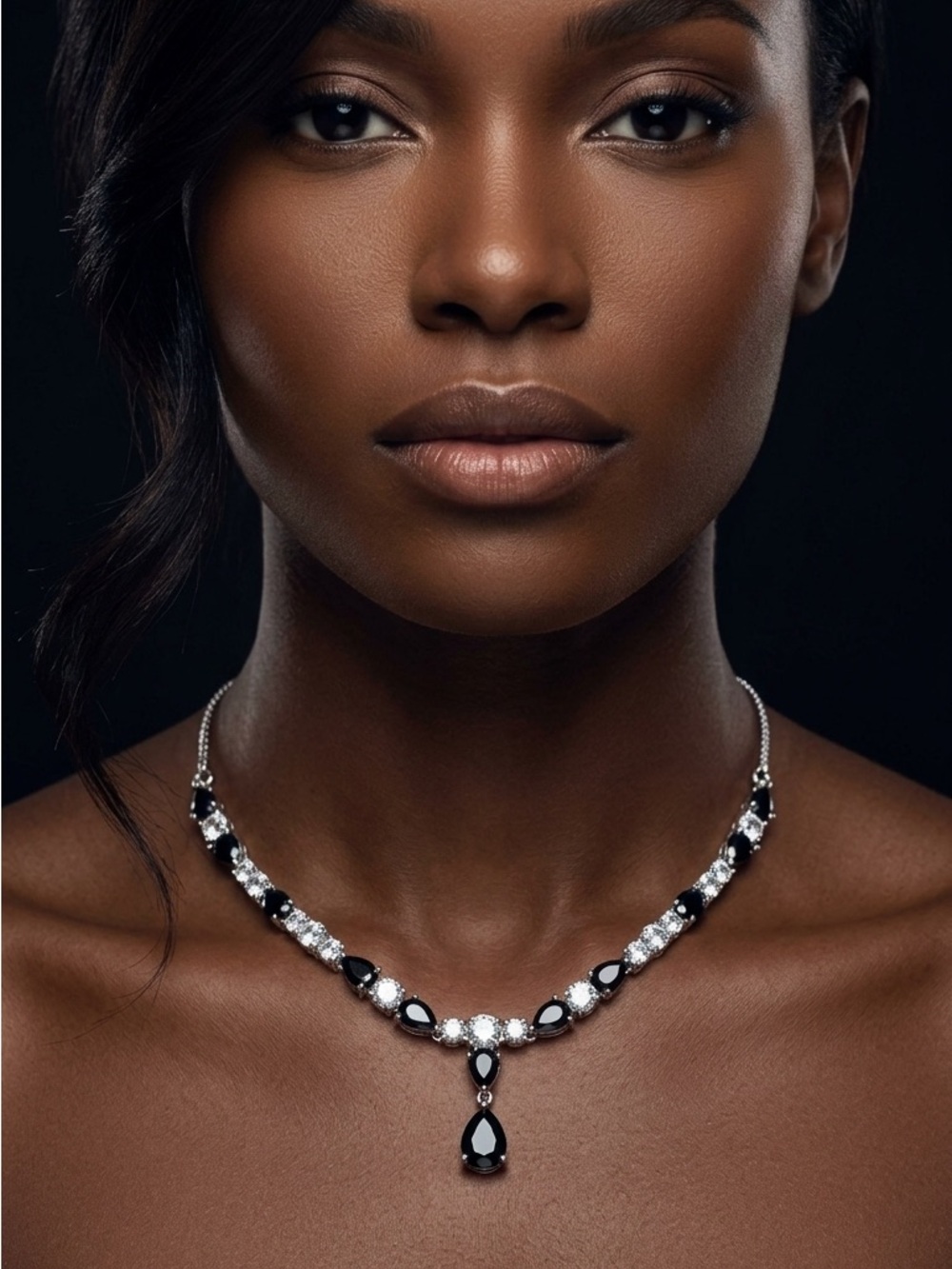 18k Gold Plated American Diamonds (Zirconia) Black & Silver Teardrop Necklace